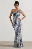 Magnetic Navy Wave Print Cowl-Neck Split Maxi Dress