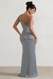 Magnetic Navy Wave Print Cowl-Neck Split Maxi Dress