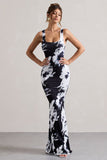 Mahina Monochrome Floral Print Square-Neck Maxi Dress