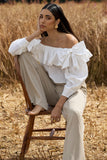 Cove White Bardot Puff-Sleeve Ruffle Top With Bows