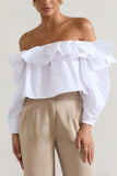 Cove White Bardot Puff-Sleeve Ruffle Top With Bows