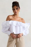 Cove White Bardot Puff-Sleeve Ruffle Top With Bows