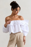 Cove White Bardot Puff-Sleeve Ruffle Top With Bows