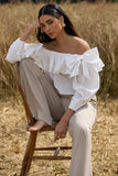 Cove White Bardot Puff-Sleeve Ruffle Top With Bows