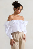 Cove White Bardot Puff-Sleeve Ruffle Top With Bows