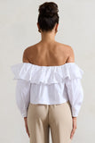 Cove White Bardot Puff-Sleeve Ruffle Top With Bows