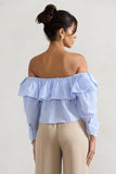 Harbour Blue Pinstripe Bardot Puff-Sleeve Top With Bows