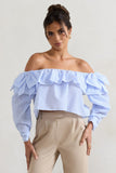 Harbour Blue Pinstripe Bardot Puff-Sleeve Top With Bows