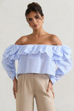Harbour Blue Pinstripe Bardot Puff-Sleeve Top With Bows