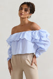 Harbour Blue Pinstripe Bardot Puff-Sleeve Top With Bows