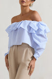 Harbour Blue Pinstripe Bardot Puff-Sleeve Top With Bows