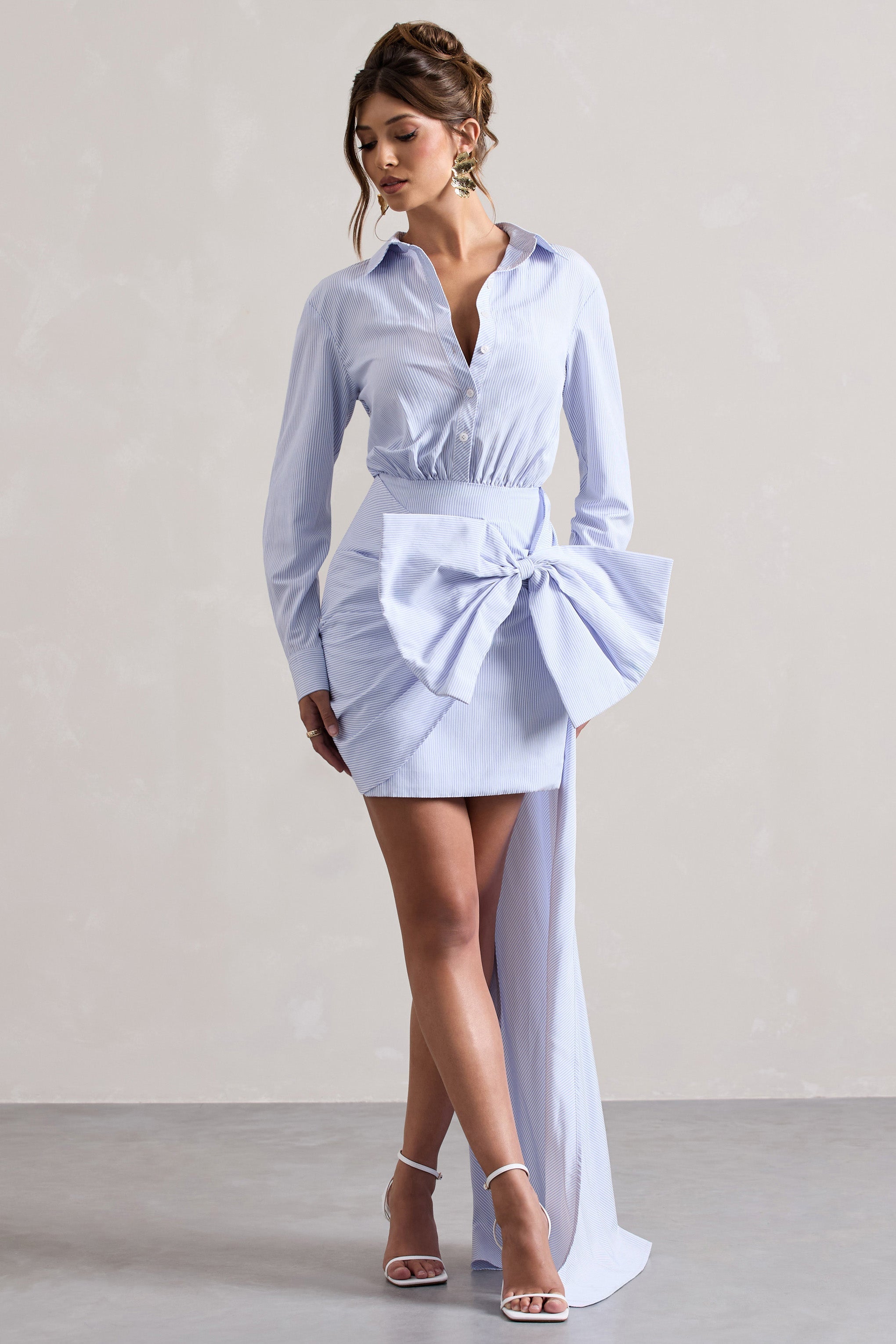 Sovereign Blue Pinstripe Shirt Mini Dress With Oversized Bow