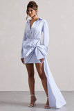 Sovereign Blue Pinstripe Shirt Mini Dress With Oversized Bow