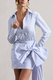 Sovereign Blue Pinstripe Shirt Mini Dress With Oversized Bow