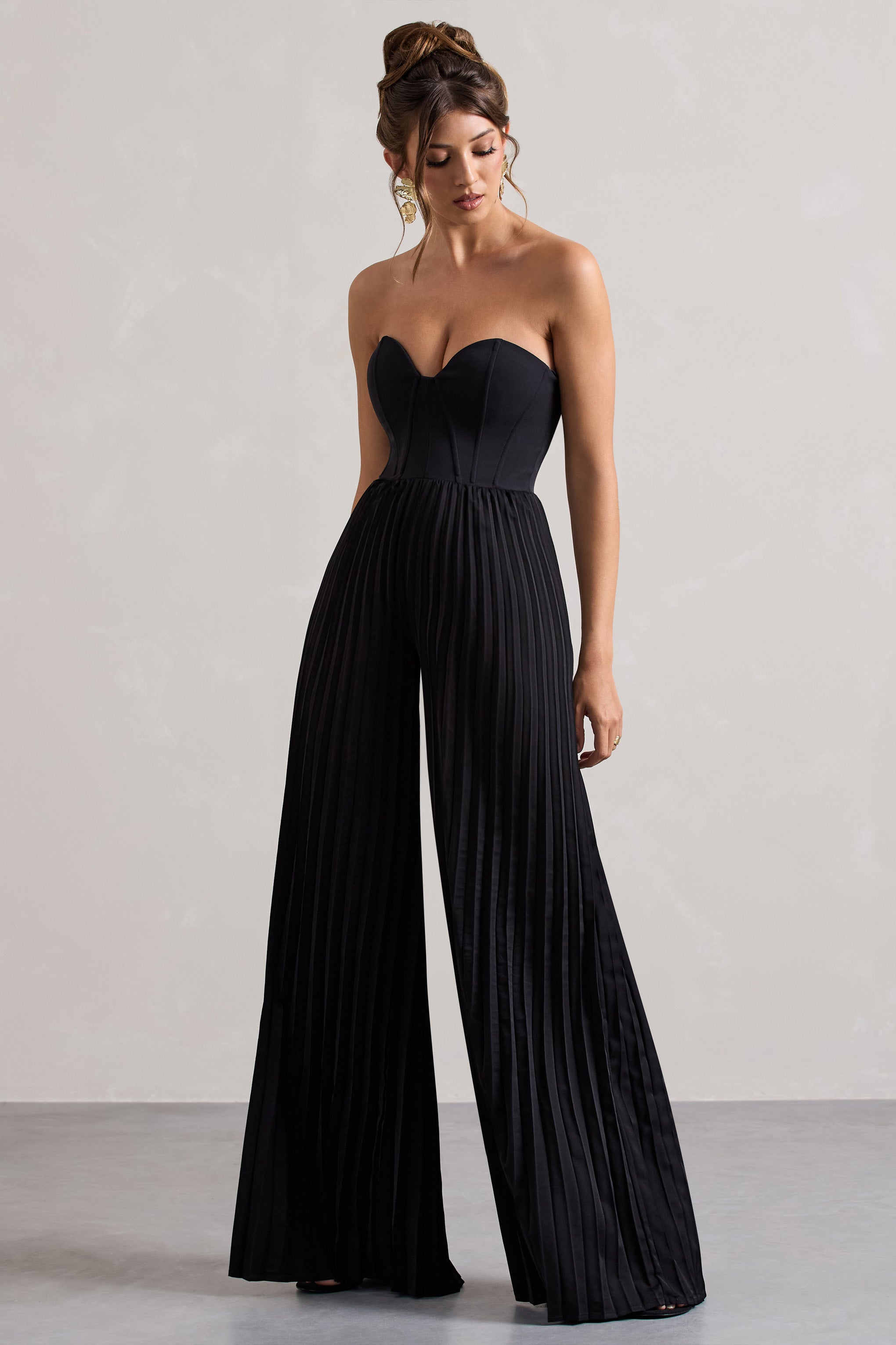 Lorelai Black Corset Plisse Wide-Leg Jumpsuit