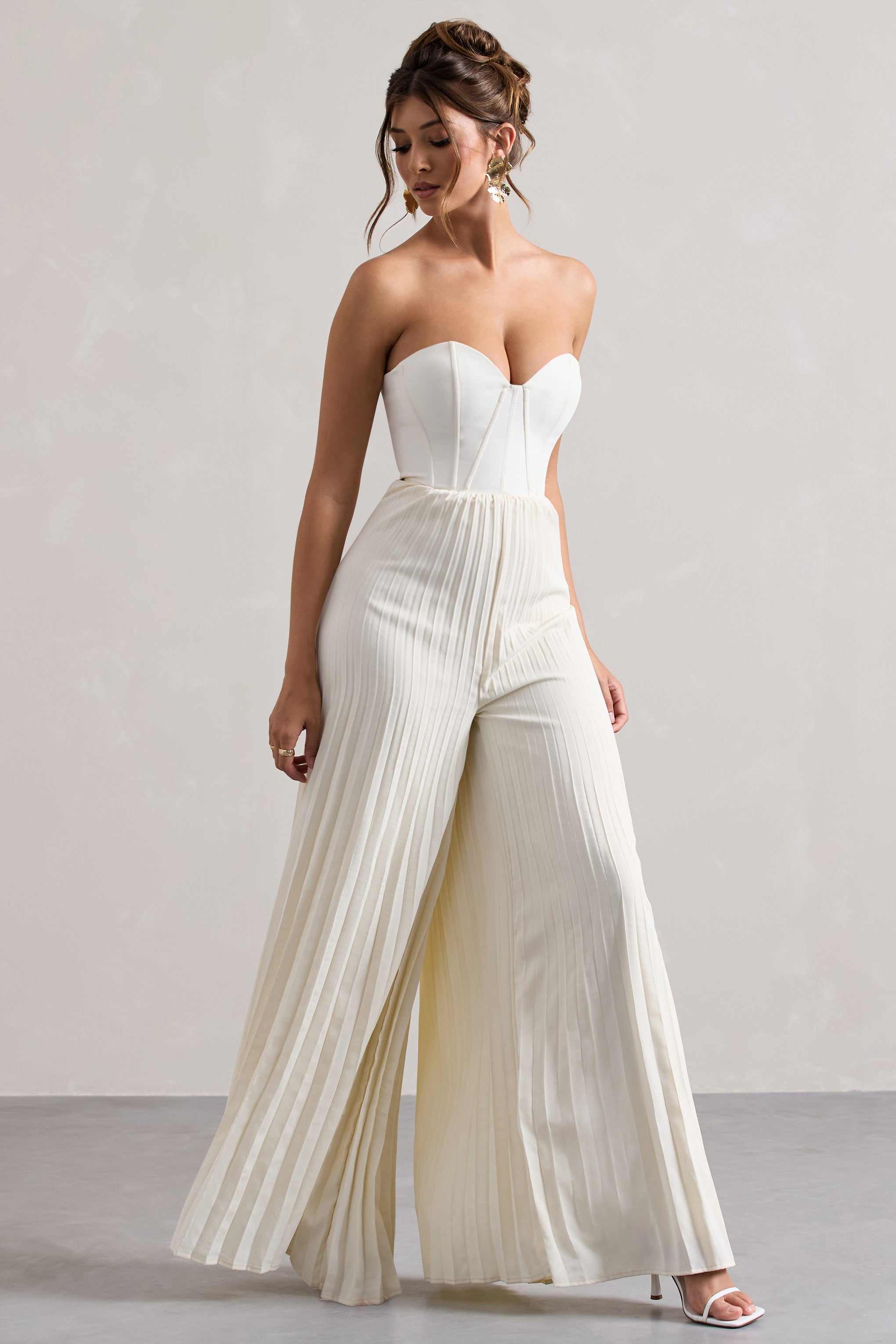 Lorelai Cream Corset Plisse Wide-Leg Jumpsuit