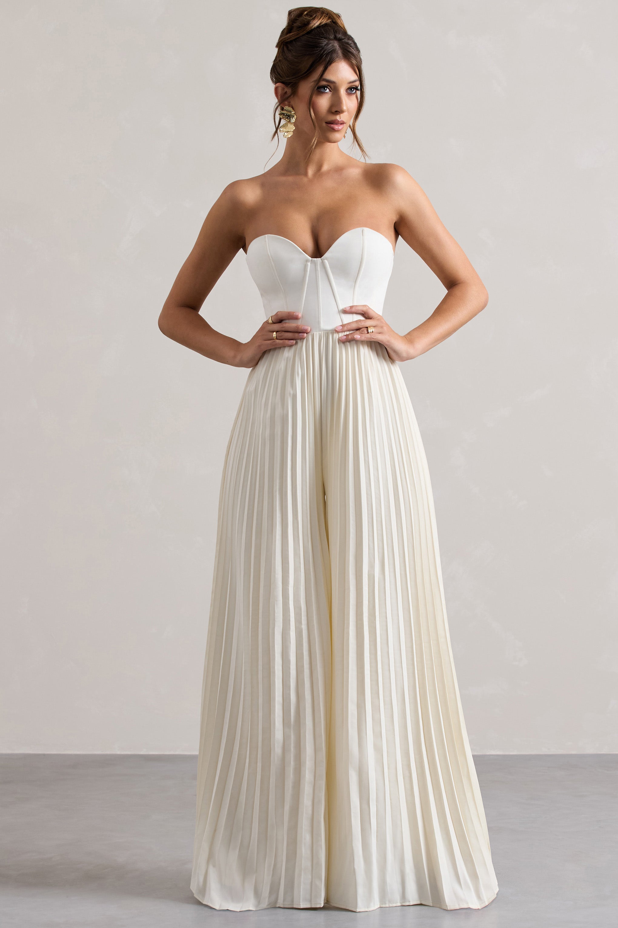 Lorelai Cream Corset Plisse Wide-Leg Jumpsuit