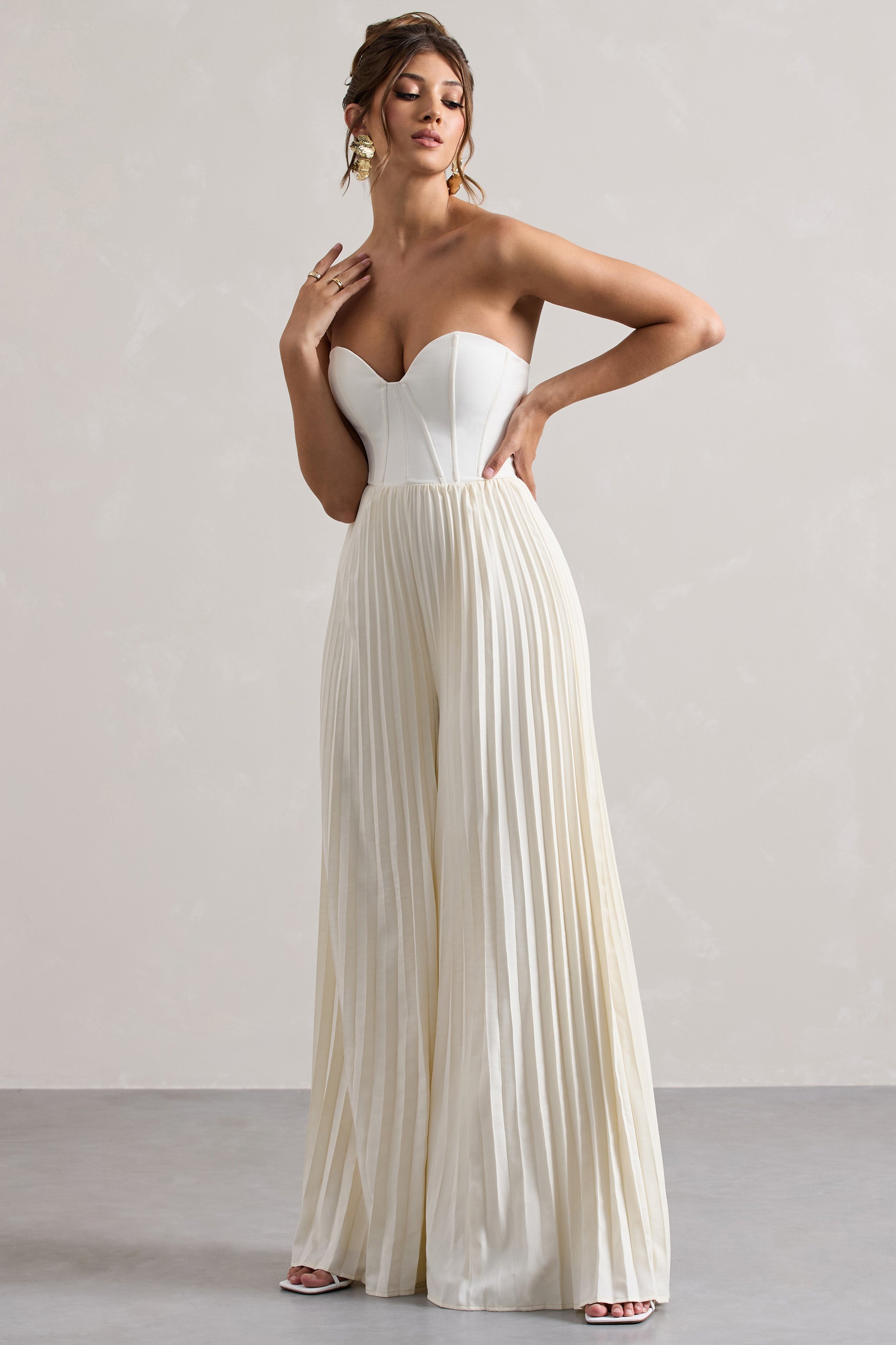 Lorelai Cream Corset Plisse Wide-Leg Jumpsuit