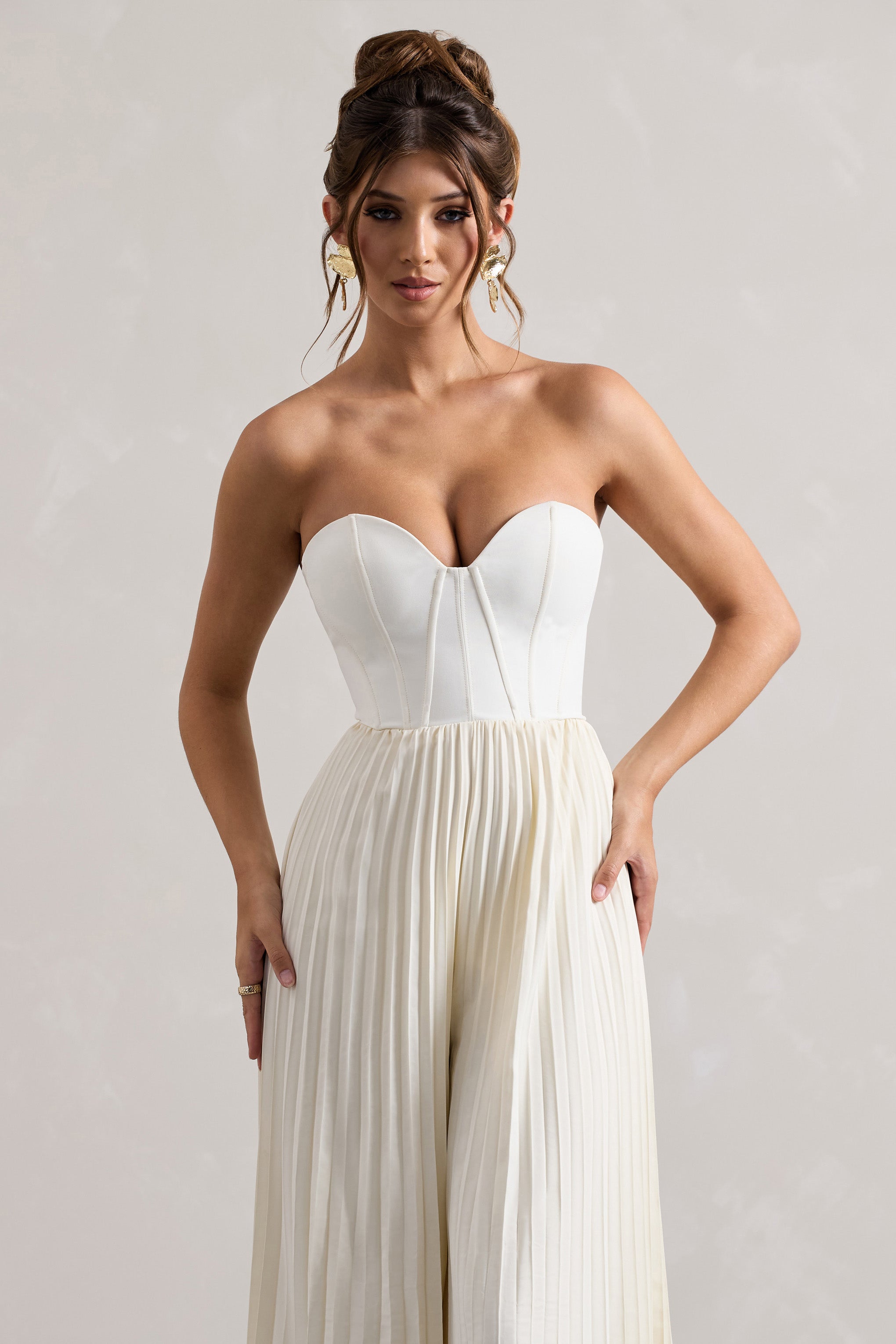 Lorelai Cream Corset Plisse Wide-Leg Jumpsuit
