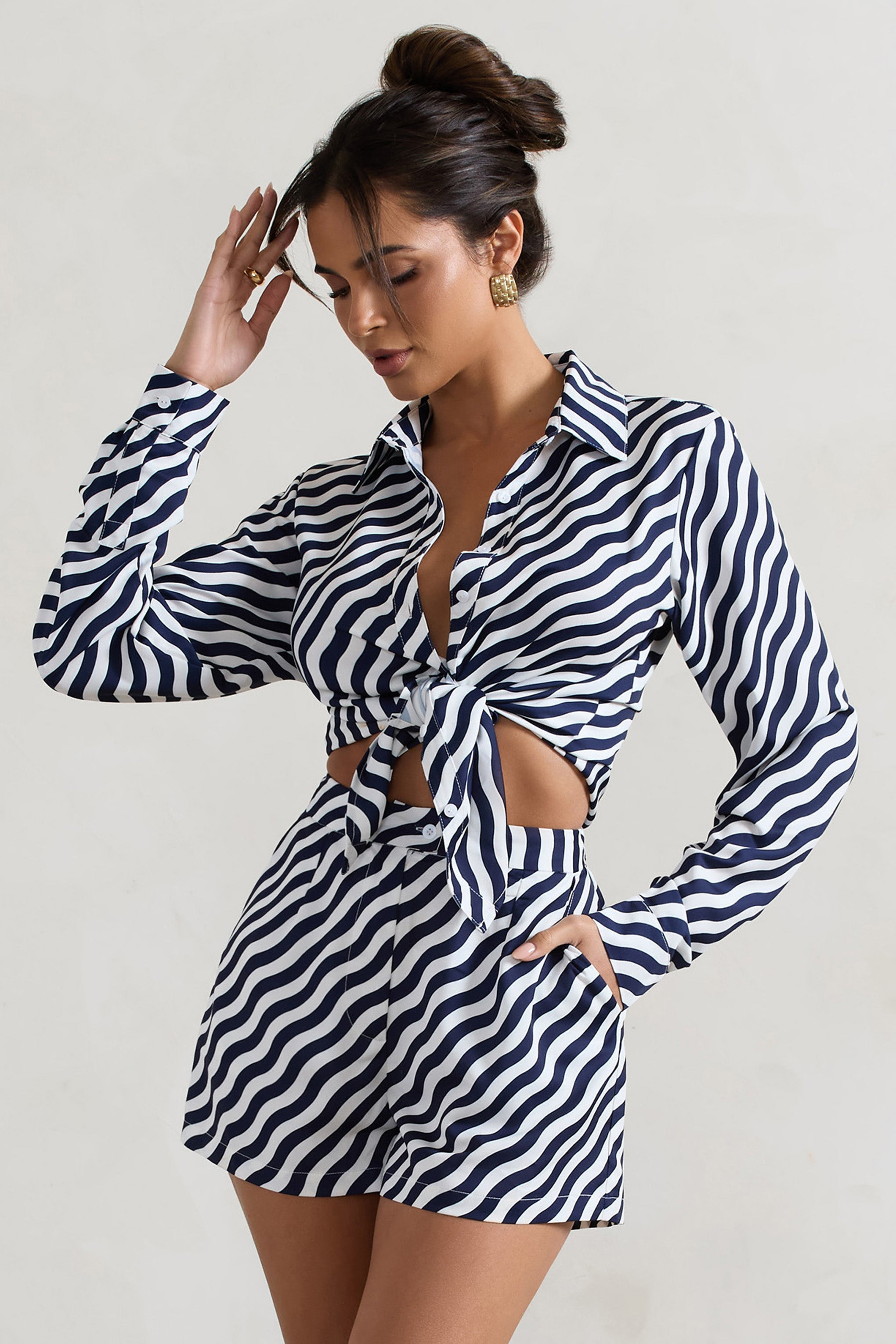 Ryder Navy Wave Print Satin Tie-Front Shirt