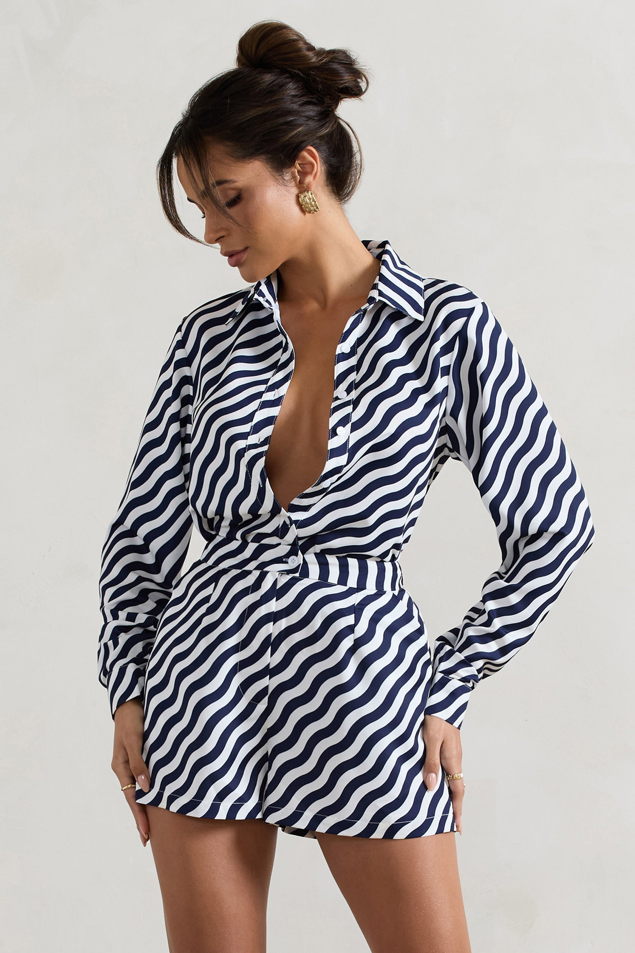 Ryder Navy Wave Print Satin Tie-Front Shirt
