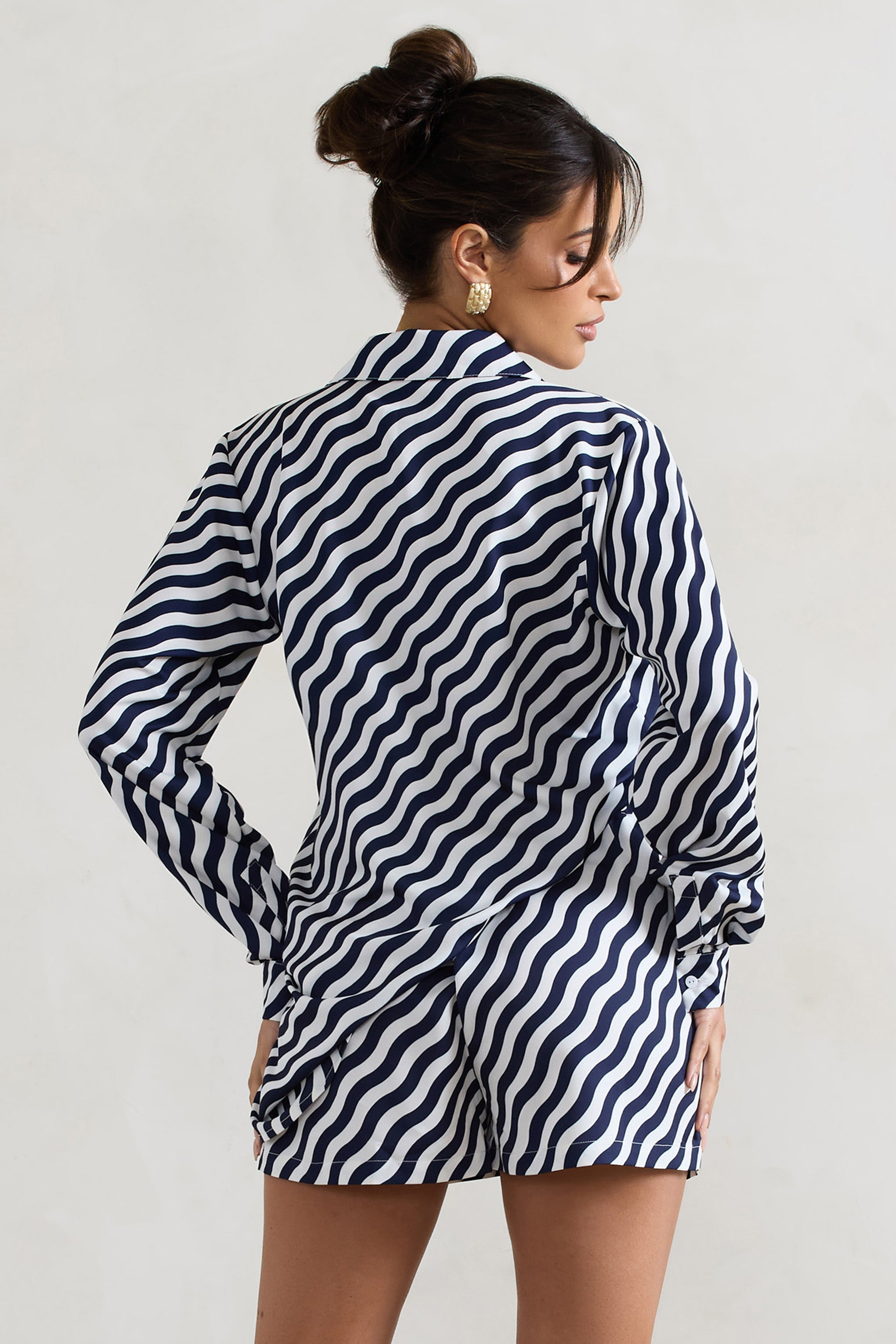 Ryder Navy Wave Print Satin Tie-Front Shirt