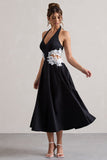 Windermere Black Plunge Midi Dress With Floral Cut-Out