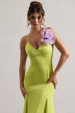 Zamora Lime Green Plunge-Neck Fishtail Maxi Dress With Corsage