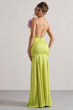 Zamora Lime Green Plunge-Neck Fishtail Maxi Dress With Corsage