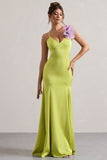 Zamora Lime Green Plunge-Neck Fishtail Maxi Dress With Corsage