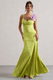 Zamora Lime Green Plunge-Neck Fishtail Maxi Dress With Corsage