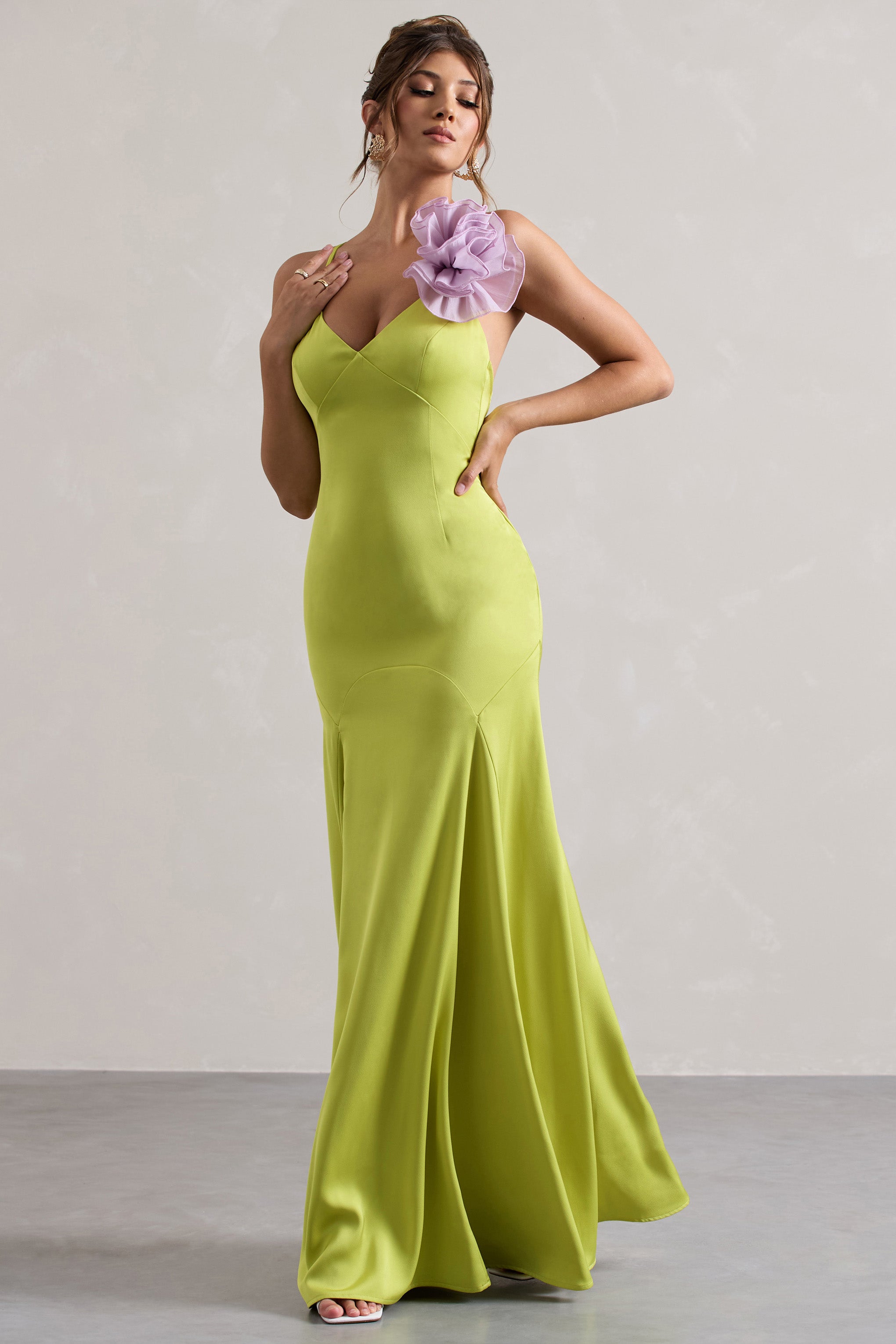 Zamora Lime Green Plunge-Neck Fishtail Maxi Dress With Corsage