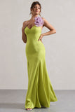Zamora Lime Green Plunge-Neck Fishtail Maxi Dress With Corsage