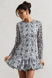 Claribel Black & White Lace Long-Sleeve Mini Dress With Ruffle Hem