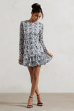 Claribel Black & White Lace Long-Sleeve Mini Dress With Ruffle Hem