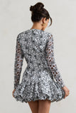 Claribel Black & White Lace Long-Sleeve Mini Dress With Ruffle Hem
