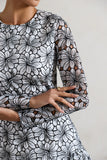Claribel Black & White Lace Long-Sleeve Mini Dress With Ruffle Hem