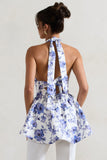 Tonya Blue Floral Print Tailored Halter-Neck Peplum Top