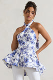 Tonya Blue Floral Print Tailored Halter-Neck Peplum Top