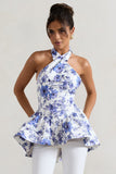 Tonya Blue Floral Print Tailored Halter-Neck Peplum Top