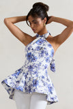 Tonya Blue Floral Print Tailored Halter-Neck Peplum Top