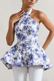 Tonya Blue Floral Print Tailored Halter-Neck Peplum Top