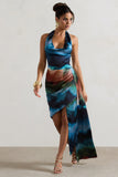 Bali Blue Blur Print Satin Cowl-Neck Draped Mini Dress