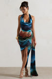 Bali Blue Blur Print Satin Cowl-Neck Draped Mini Dress