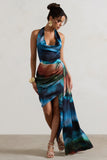 Bali Blue Blur Print Satin Cowl-Neck Draped Mini Dress