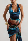 Bali Blue Blur Print Satin Cowl-Neck Draped Mini Dress