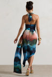 Bali Blue Blur Print Satin Cowl-Neck Draped Mini Dress