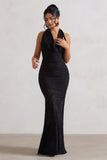 Granada Black Zebra Print Cowl-Neck Fishtail Maxi Dress