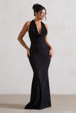 Granada Black Zebra Print Cowl-Neck Fishtail Maxi Dress