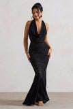 Granada Black Zebra Print Cowl-Neck Fishtail Maxi Dress